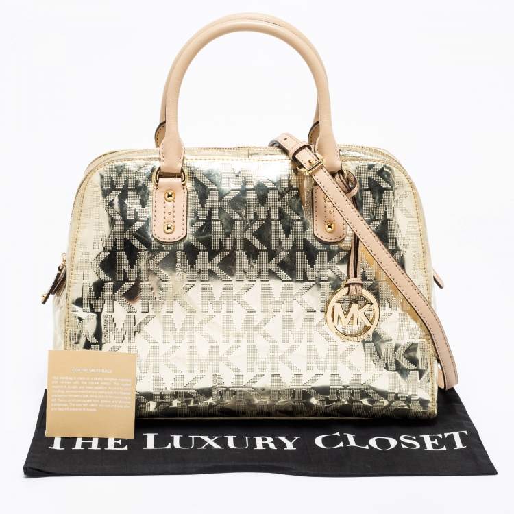 Pre Owned MICHAEL Michael Kors Metallic Gold Mirror Signature PVC And Leather Large Cindy Dome Satchel