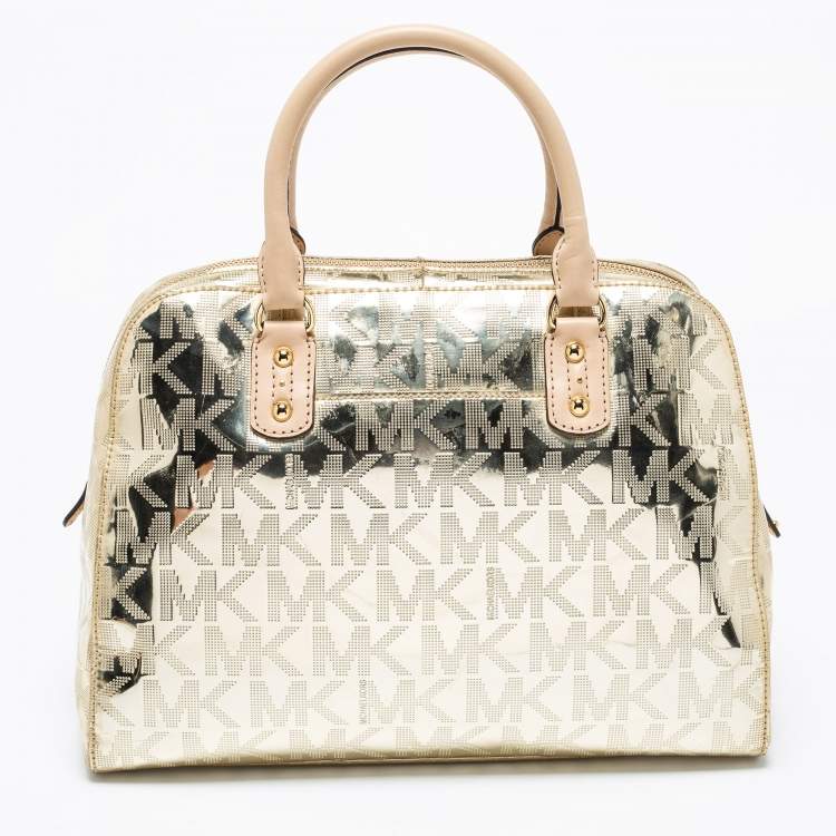 Pre Owned MICHAEL Michael Kors Metallic Gold Mirror Signature PVC And Leather Large Cindy Dome Satchel