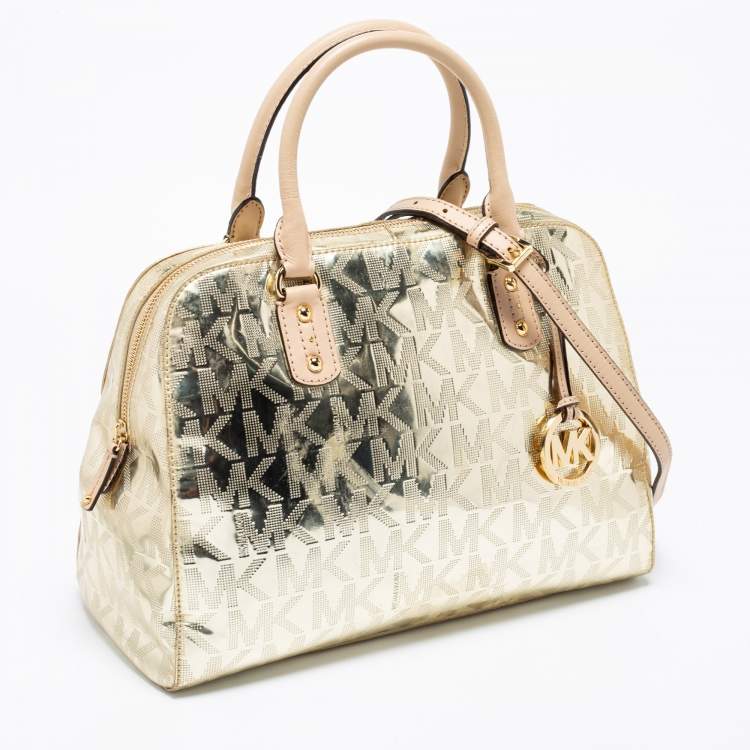 Pre Owned MICHAEL Michael Kors Metallic Gold Mirror Signature PVC And Leather Large Cindy Dome Satchel