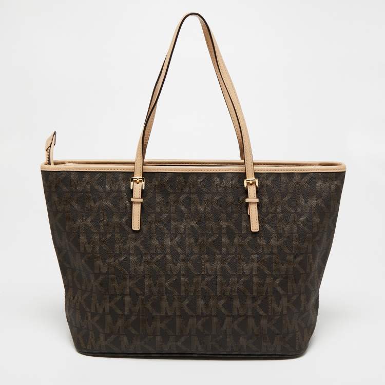 Pre Owned MICHAEL Michael Kors Beige/Brown Signature Coated Canvas and Leather Medium Jet Set Travel Tote