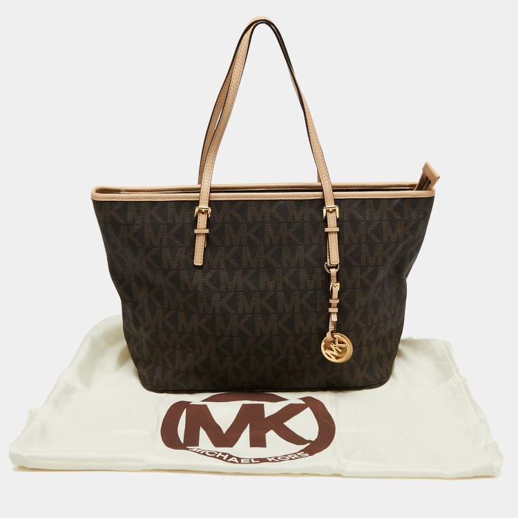 Pre Owned MICHAEL Michael Kors Beige/Brown Signature Coated Canvas and Leather Medium Jet Set Travel Tote
