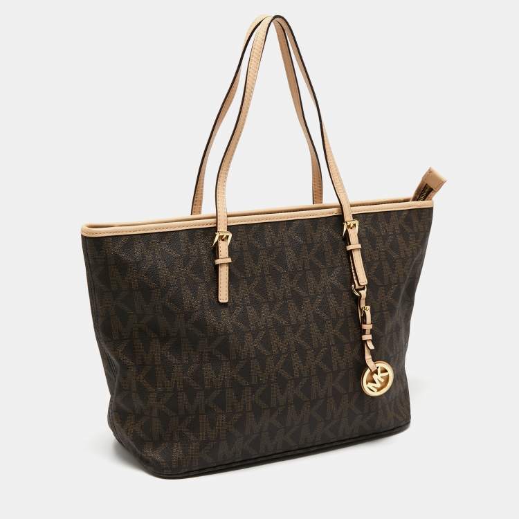 Pre Owned MICHAEL Michael Kors Beige/Brown Signature Coated Canvas and Leather Medium Jet Set Travel Tote