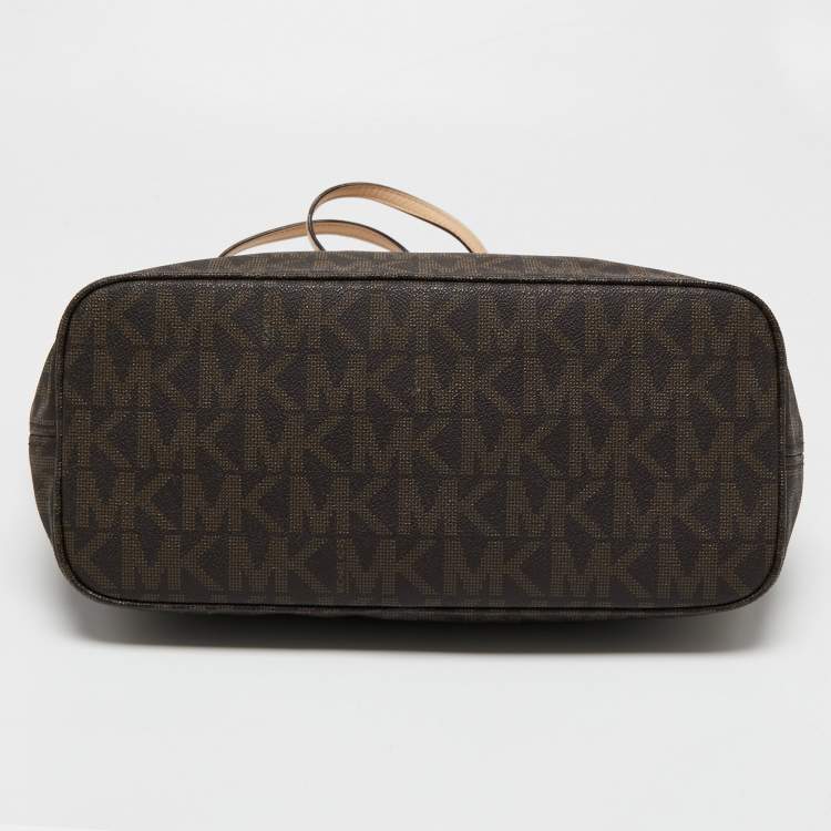 Pre Owned MICHAEL Michael Kors Beige/Brown Signature Coated Canvas and Leather Medium Jet Set Travel Tote