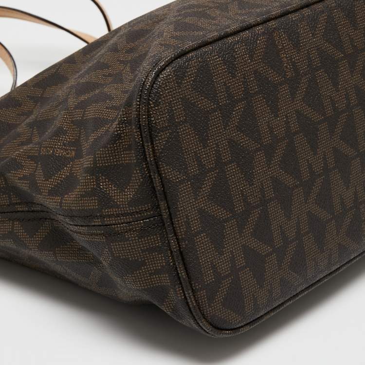 Pre Owned MICHAEL Michael Kors Beige/Brown Signature Coated Canvas and Leather Medium Jet Set Travel Tote