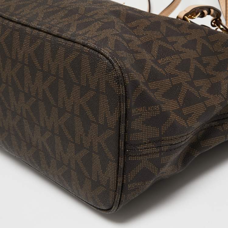 Pre Owned MICHAEL Michael Kors Beige/Brown Signature Coated Canvas and Leather Medium Jet Set Travel Tote