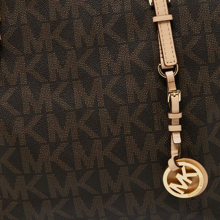 Pre Owned MICHAEL Michael Kors Beige/Brown Signature Coated Canvas and Leather Medium Jet Set Travel Tote