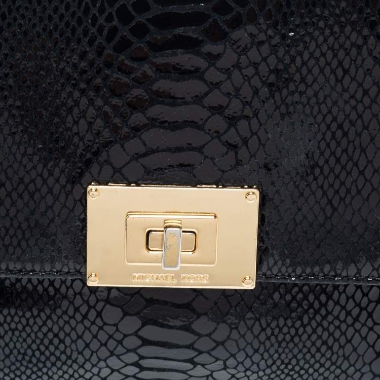Pre Owned MICHAEL Michael Kors Black Python Embossed  Leather Turnlock Crossbody Bag