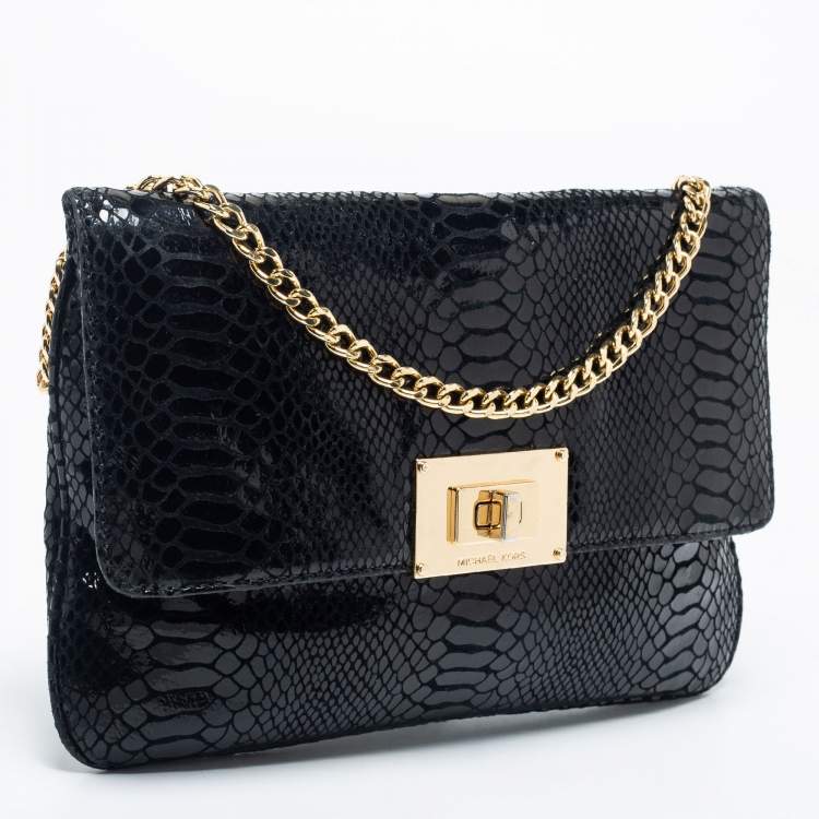 Pre Owned MICHAEL Michael Kors Black Python Embossed  Leather Turnlock Crossbody Bag