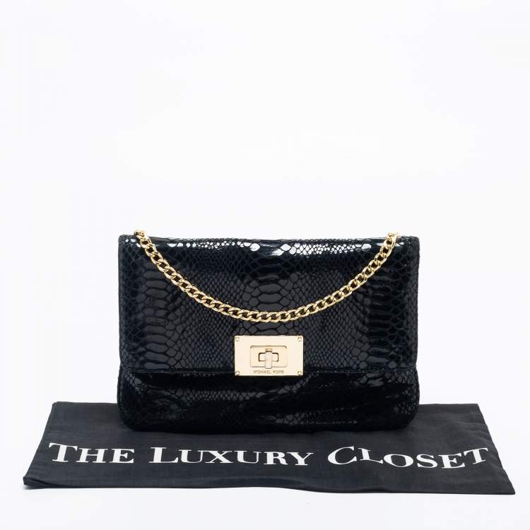 Pre Owned MICHAEL Michael Kors Black Python Embossed  Leather Turnlock Crossbody Bag