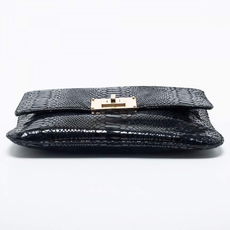 Pre Owned MICHAEL Michael Kors Black Python Embossed  Leather Turnlock Crossbody Bag
