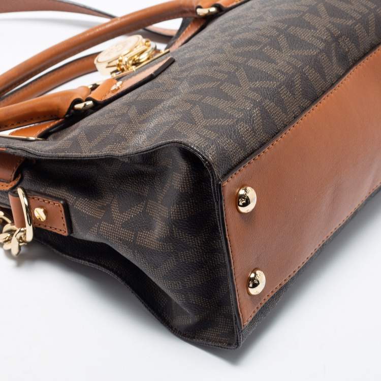 Pre Owned MICHAEL Michael Kors Brown Signature Coated Canvas And Leather Medium East West Hamilton Tote