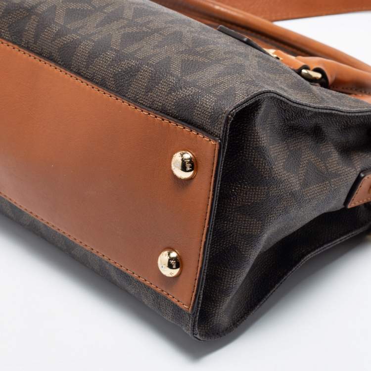 Pre Owned MICHAEL Michael Kors Brown Signature Coated Canvas And Leather Medium East West Hamilton Tote