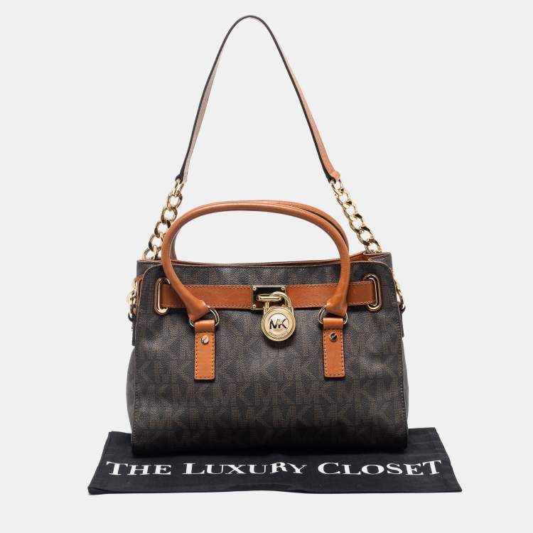 Pre Owned MICHAEL Michael Kors Brown Signature Coated Canvas And Leather Medium East West Hamilton Tote