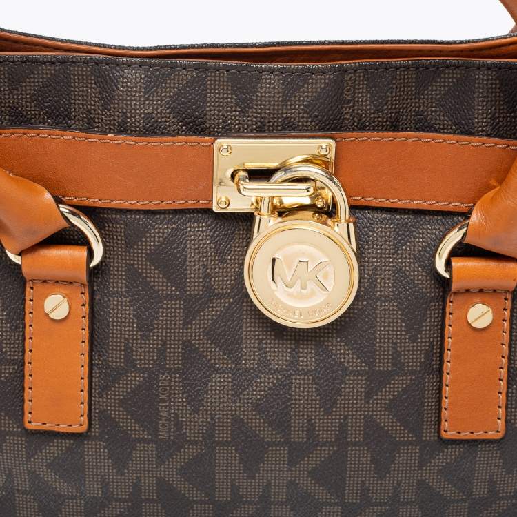 Pre Owned MICHAEL Michael Kors Brown Signature Coated Canvas And Leather Medium East West Hamilton Tote