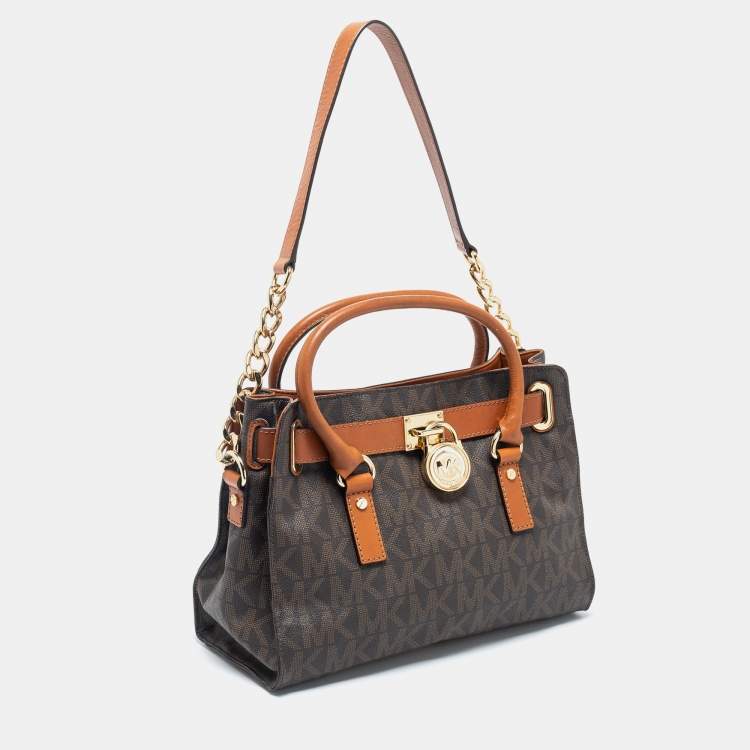 Pre Owned MICHAEL Michael Kors Brown Signature Coated Canvas And Leather Medium East West Hamilton Tote