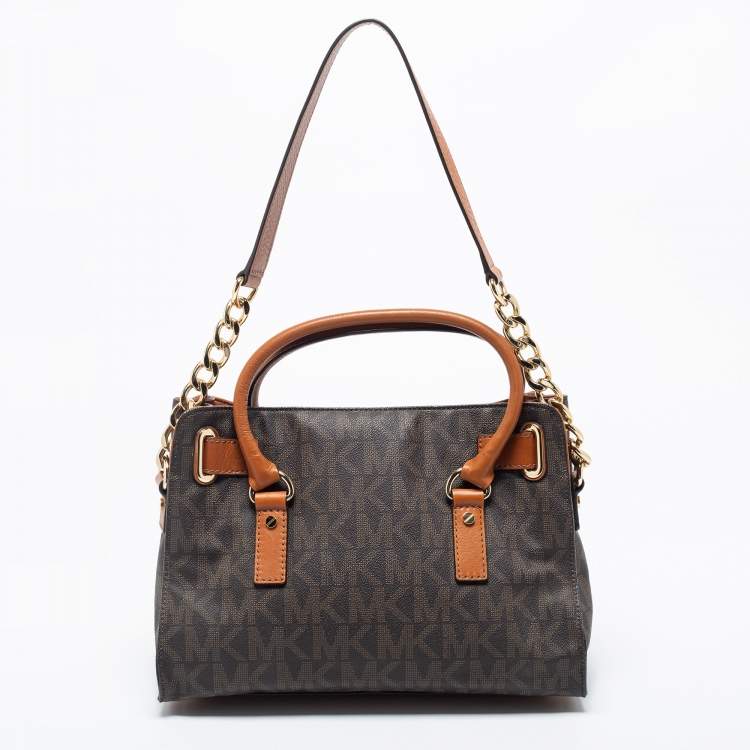 Pre Owned MICHAEL Michael Kors Brown Signature Coated Canvas And Leather Medium East West Hamilton Tote