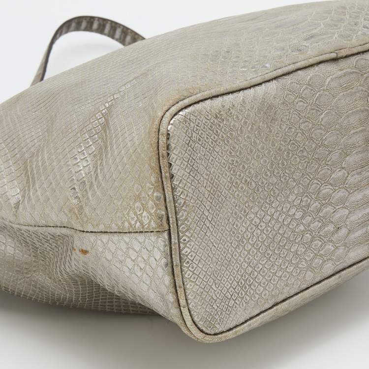 Pre Owned MICHAEL Michael Kors Metallic Silver Python Embossed Leather Frankie Drawstring Bag