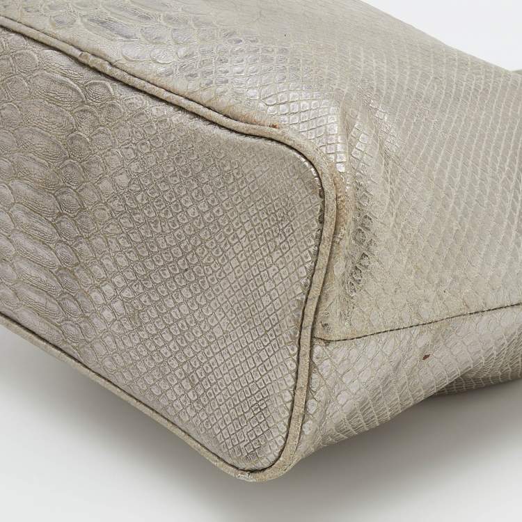 Pre Owned MICHAEL Michael Kors Metallic Silver Python Embossed Leather Frankie Drawstring Bag