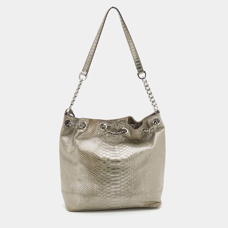 Pre Owned MICHAEL Michael Kors Metallic Silver Python Embossed Leather Frankie Drawstring Bag