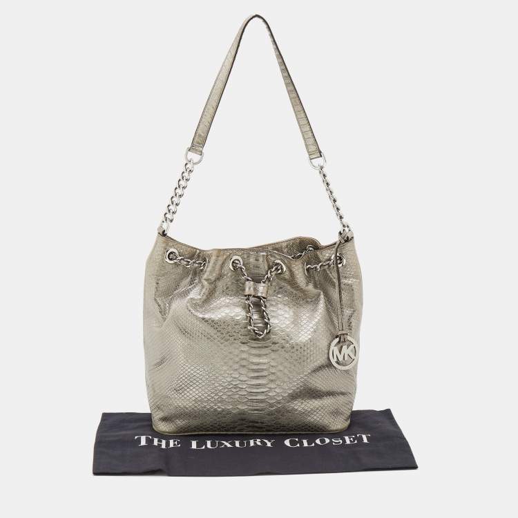 Pre Owned MICHAEL Michael Kors Metallic Silver Python Embossed Leather Frankie Drawstring Bag