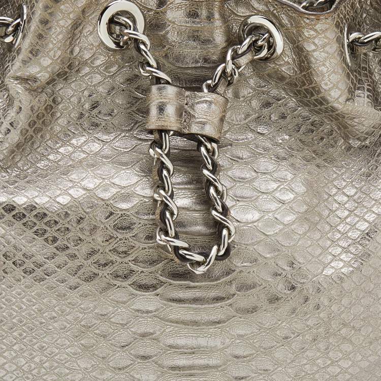 Pre Owned MICHAEL Michael Kors Metallic Silver Python Embossed Leather Frankie Drawstring Bag