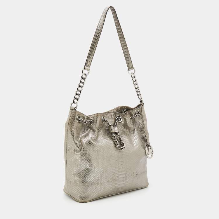 Pre Owned MICHAEL Michael Kors Metallic Silver Python Embossed Leather Frankie Drawstring Bag