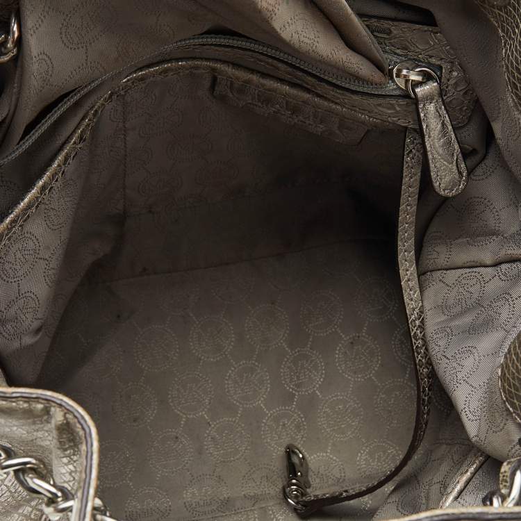 Pre Owned MICHAEL Michael Kors Metallic Silver Python Embossed Leather Frankie Drawstring Bag