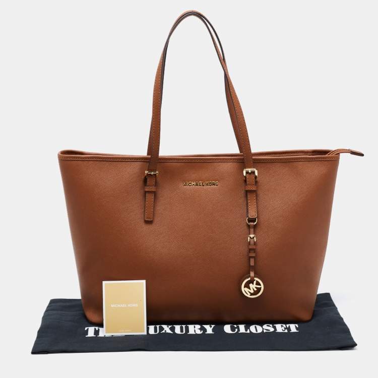 Pre Owned MICHAEL Michael Kors Brown Saffiano Leather Large Jet Set Travel Tote