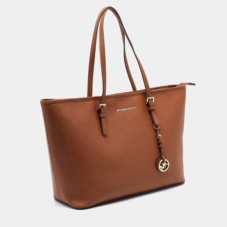Pre Owned MICHAEL Michael Kors Brown Saffiano Leather Large Jet Set Travel Tote
