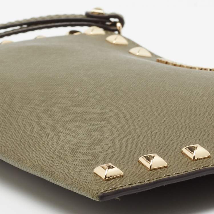 Pre Owned MICHAEL Michael Kors Olive Green Studded Leather Large Sandrine Zip Clutch