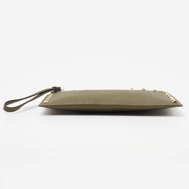 Pre Owned MICHAEL Michael Kors Olive Green Studded Leather Large Sandrine Zip Clutch