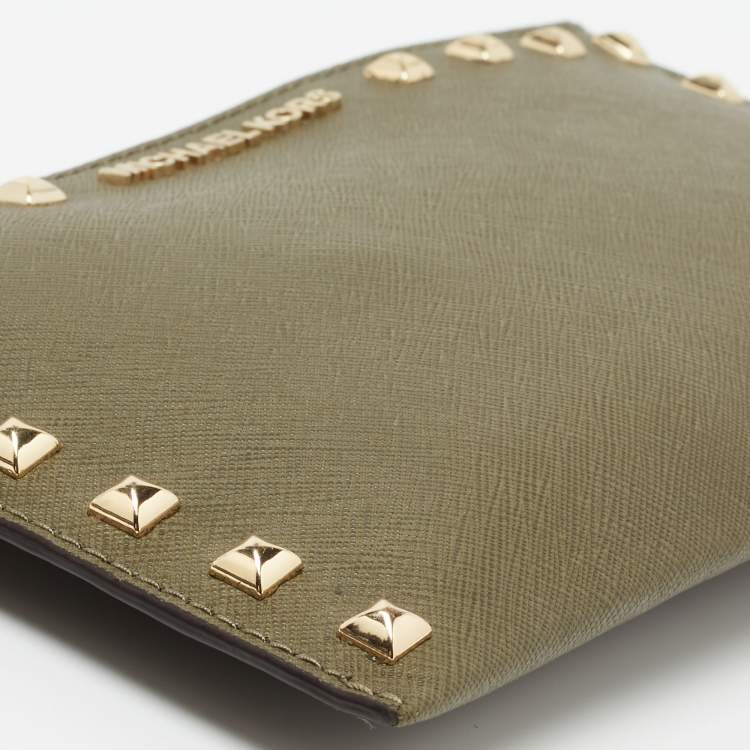 Pre Owned MICHAEL Michael Kors Olive Green Studded Leather Large Sandrine Zip Clutch