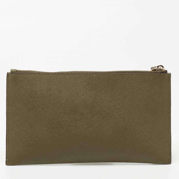 Pre Owned MICHAEL Michael Kors Olive Green Studded Leather Large Sandrine Zip Clutch