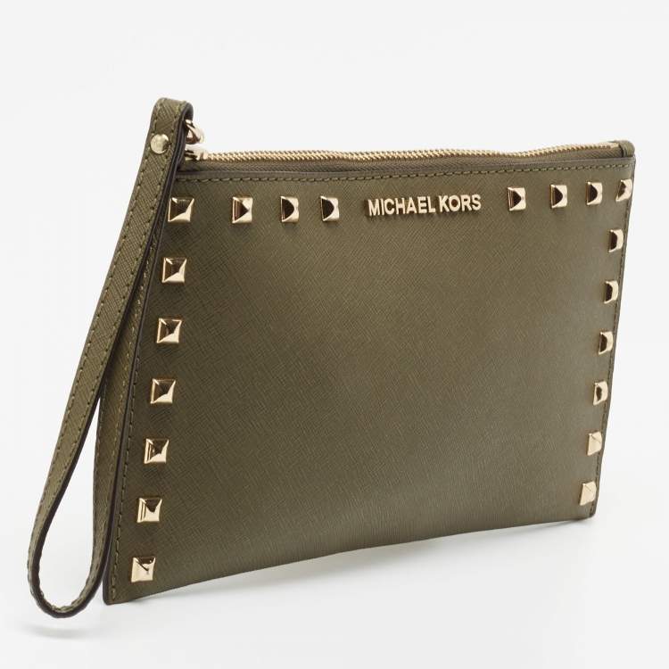 Pre Owned MICHAEL Michael Kors Olive Green Studded Leather Large Sandrine Zip Clutch