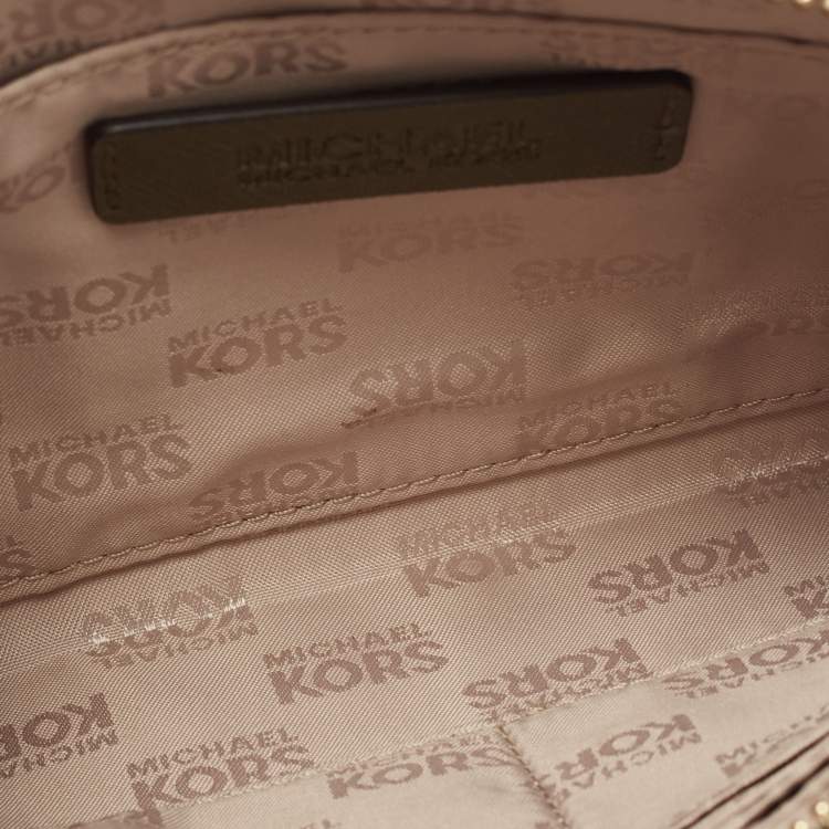 Pre Owned MICHAEL Michael Kors Olive Green Studded Leather Large Sandrine Zip Clutch
