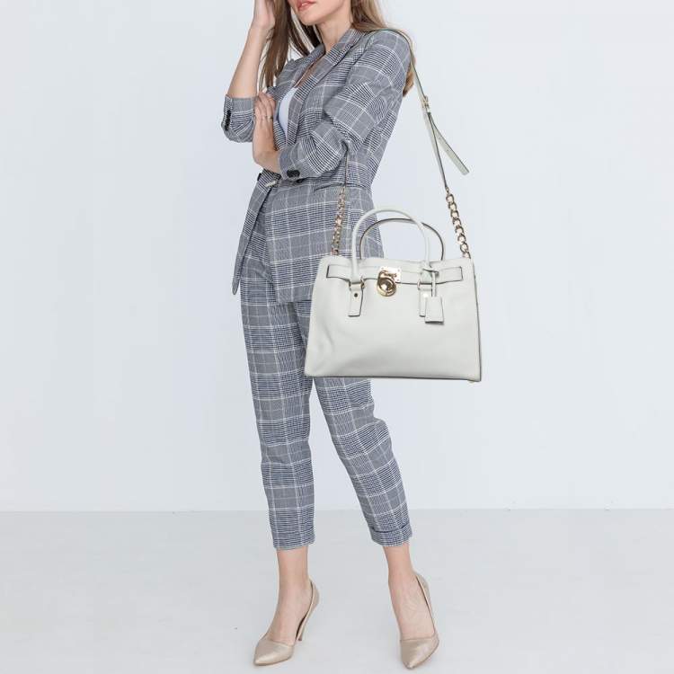 Pre Owned MICHAEL Michael Kors White Saffiano Leather Large Hamilton North South Tote