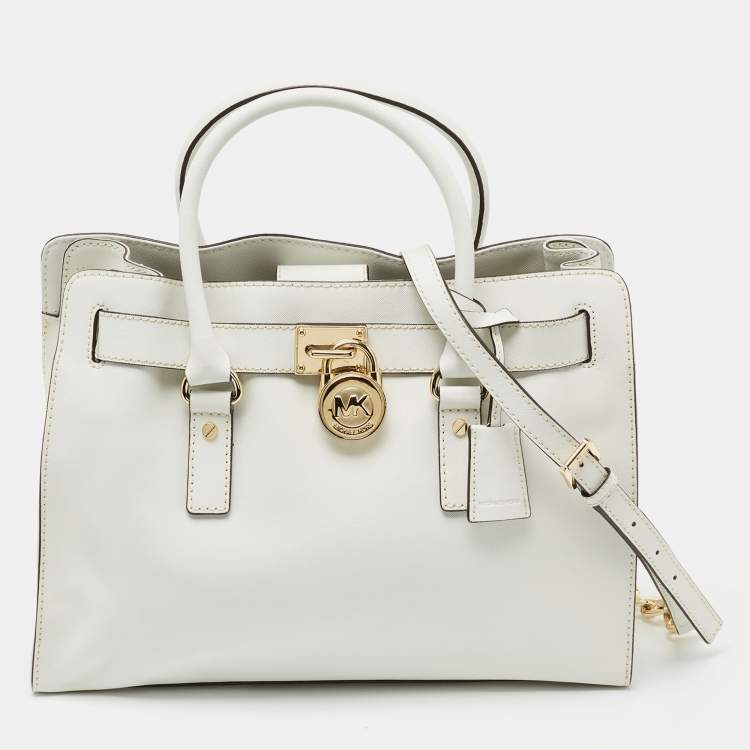 Pre Owned MICHAEL Michael Kors White Saffiano Leather Large Hamilton North South Tote