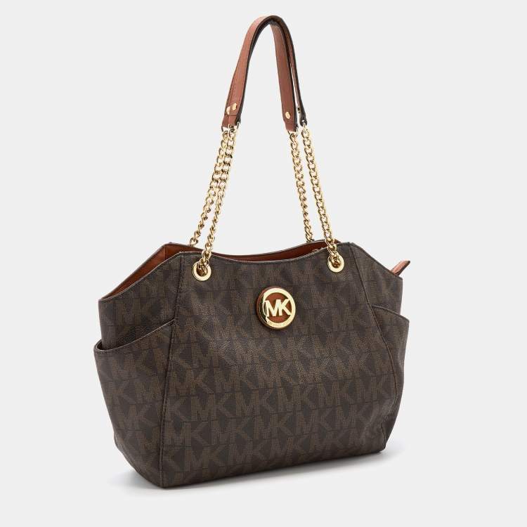 Pre Owned MICHALE Michael Kors Brown Signature Coated Canvas Jet Set Travel Chain Tote
