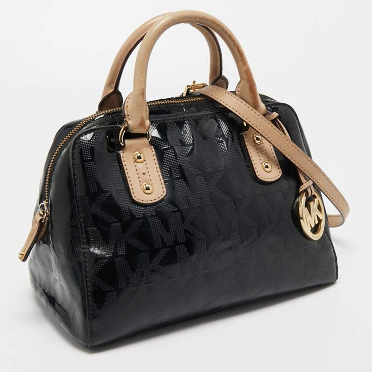 Pre Owned MICHAEL Michael Kors Black Signature Patent and Leather Grayson Satchel