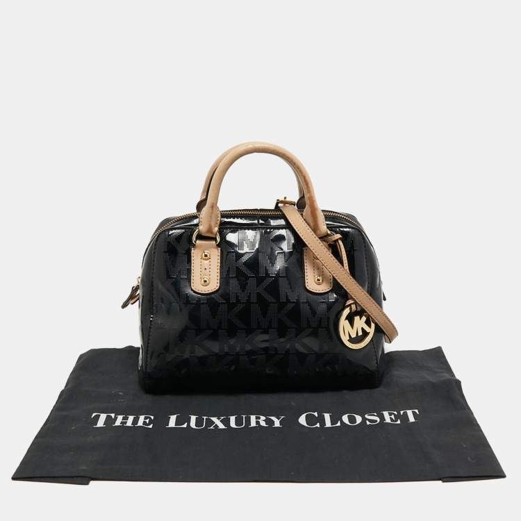 Pre Owned MICHAEL Michael Kors Black Signature Patent and Leather Grayson Satchel