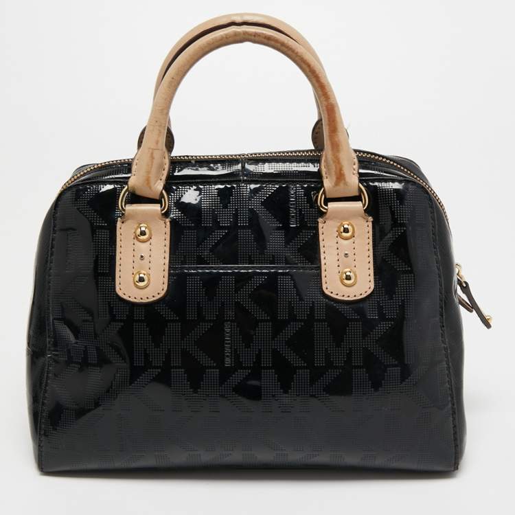 Pre Owned MICHAEL Michael Kors Black Signature Patent and Leather Grayson Satchel