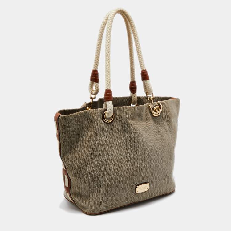 Pre Owned MICHAEL Michael Kors Beige/Brown Canvas and Leather Tote