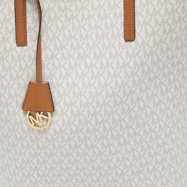 Pre Owned MICHAEL Michael Kors White/Tan Signature Coated Canvas and Leather Hayley Tote