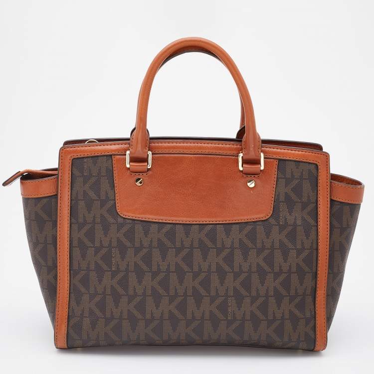 Pre Owned MICHAEL Michael Kors Brown Signature Coated Canvas and Leather Large Selma Tote