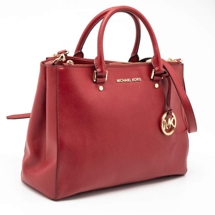 Pre Owned Michael Michael Kors Red Leather Jet Set Double Zip Tote