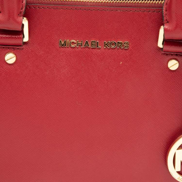 Pre Owned Michael Michael Kors Red Leather Jet Set Double Zip Tote