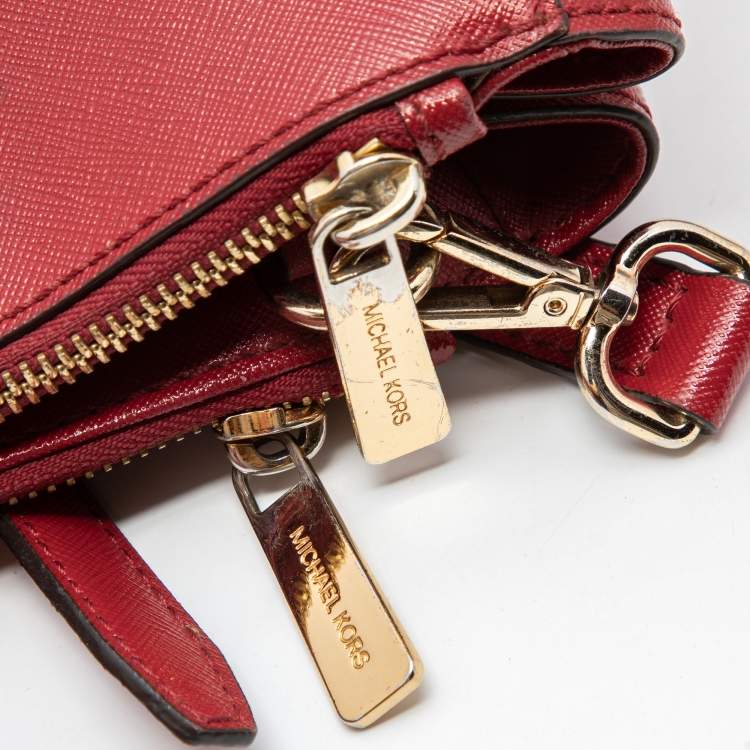 Pre Owned Michael Michael Kors Red Leather Jet Set Double Zip Tote