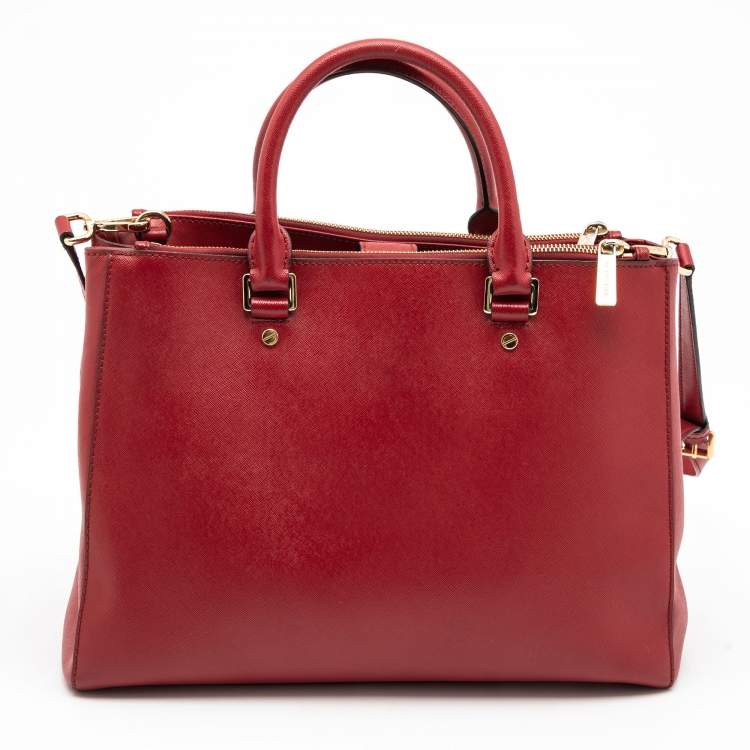 Pre Owned Michael Michael Kors Red Leather Jet Set Double Zip Tote