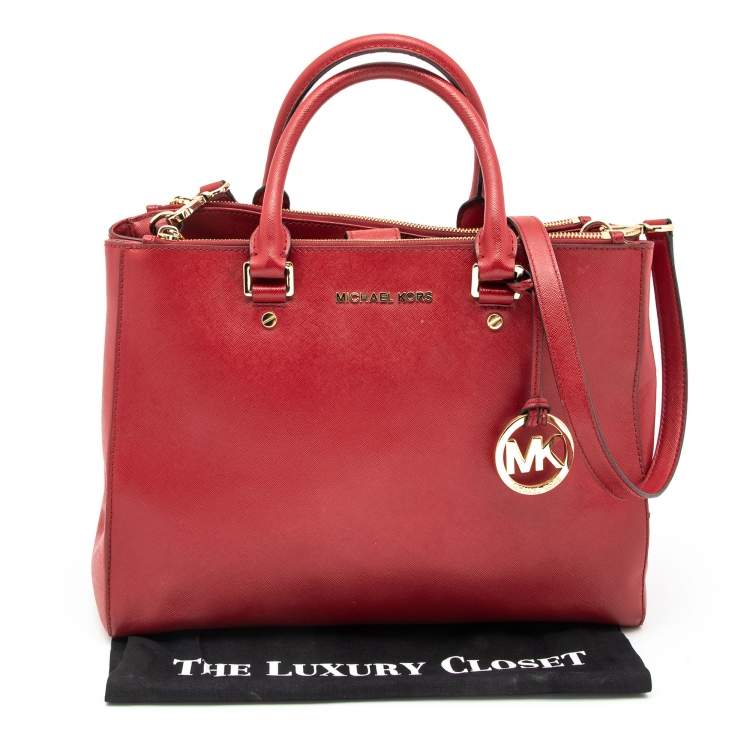 Pre Owned Michael Michael Kors Red Leather Jet Set Double Zip Tote