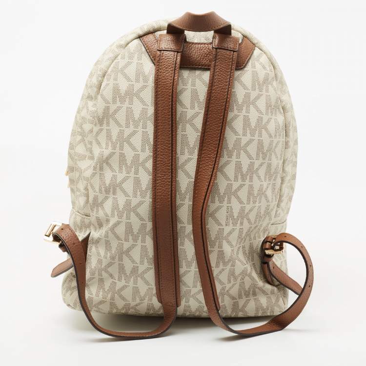 Pre Owned MICHAEL Michael Kors Brown/Cream Signature Coated Canvas and Leather Studded Backpack